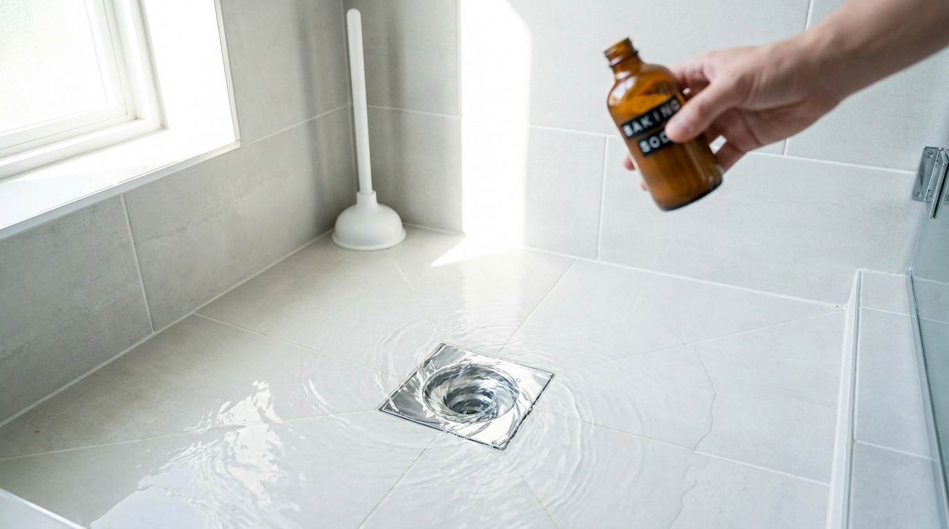 Une main verse du bicarbonate de soude dans la bonde d'une douche avec une ventouse en arrière-plan.