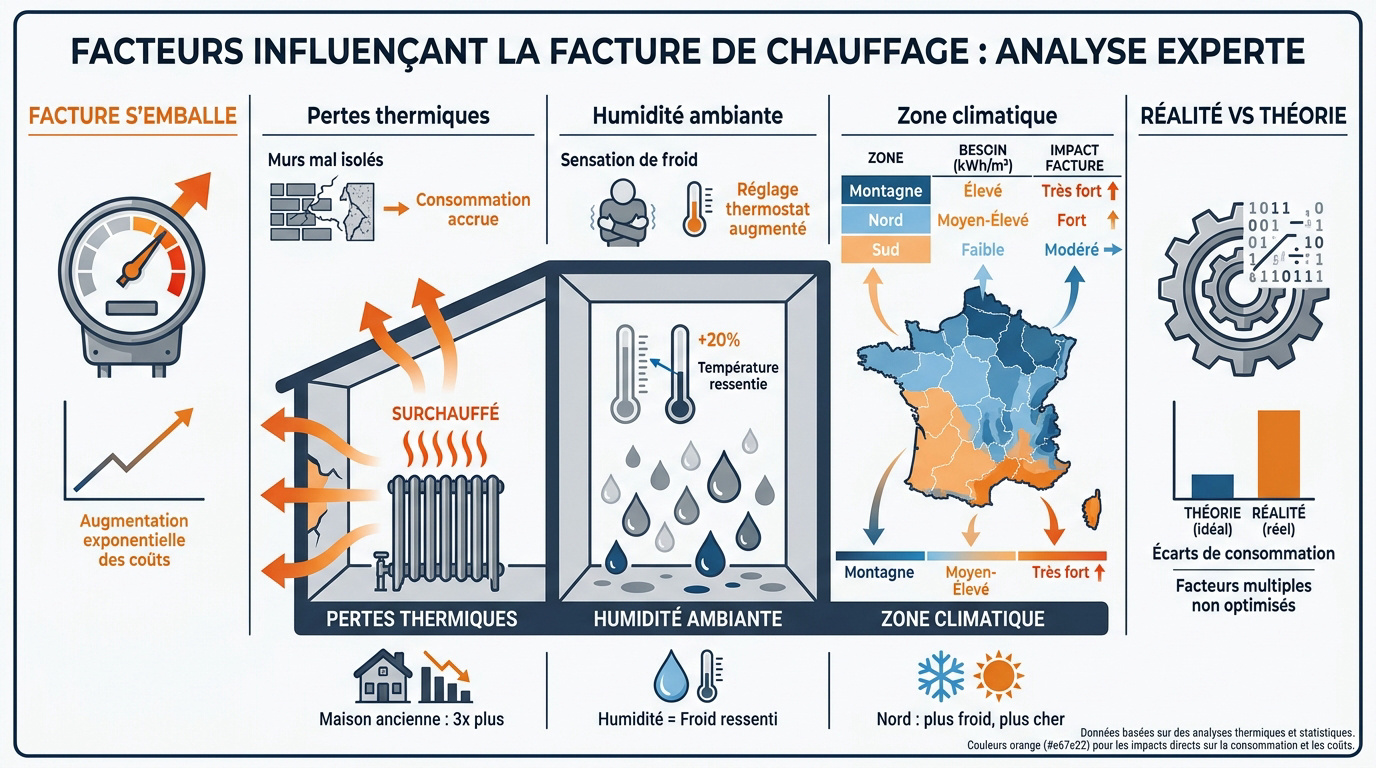 Schéma des facteurs influençant la consommation d'un radiateur électrique
