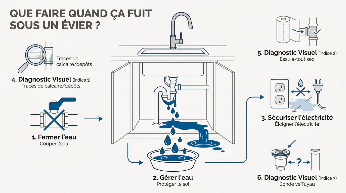 Diagnostic d'une fuite d'eau sous un évier de cuisine avec siphon et tuyauterie
