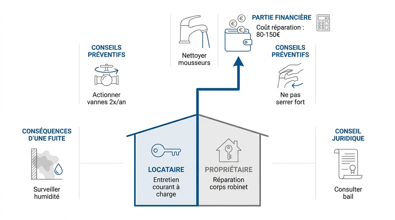 Répartition des frais de plomberie entre locataire et propriétaire pour un robinet qui fuit