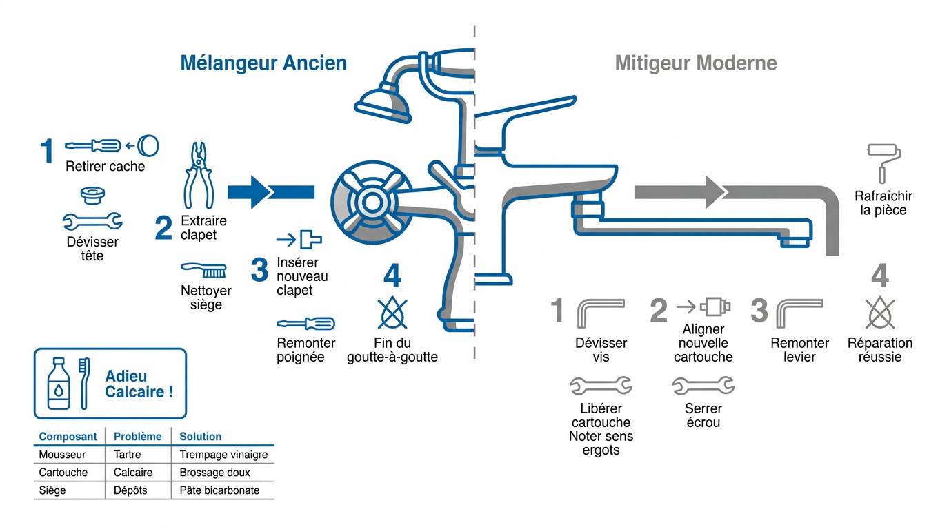 Comparaison entre la réparation d'un robinet mélangeur ancien et un mitigeur moderne