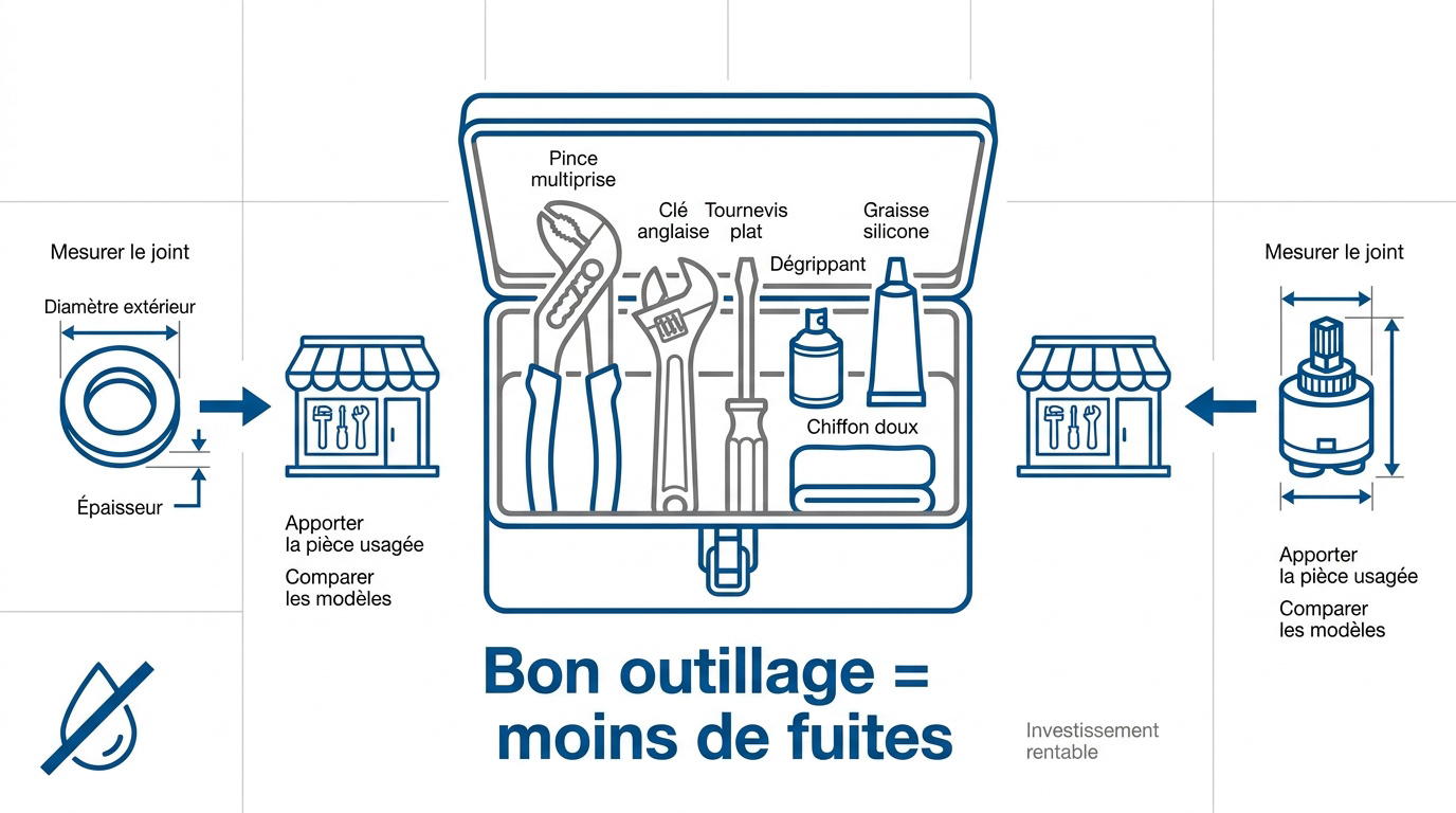 Kit d'outils essentiels pour réparer un robinet qui fuit comprenant pince et graisse silicone