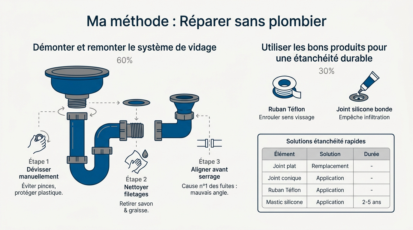 Schéma explicatif pour démonter et réparer le système de vidage d'un évier de cuisine