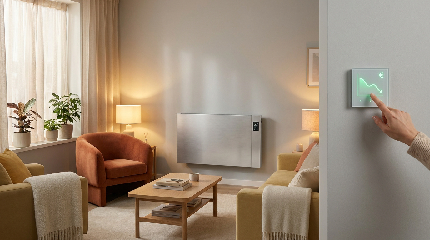 Main utilisant une commande domotique pour réduire les coûts de chauffage dans un salon moderne.