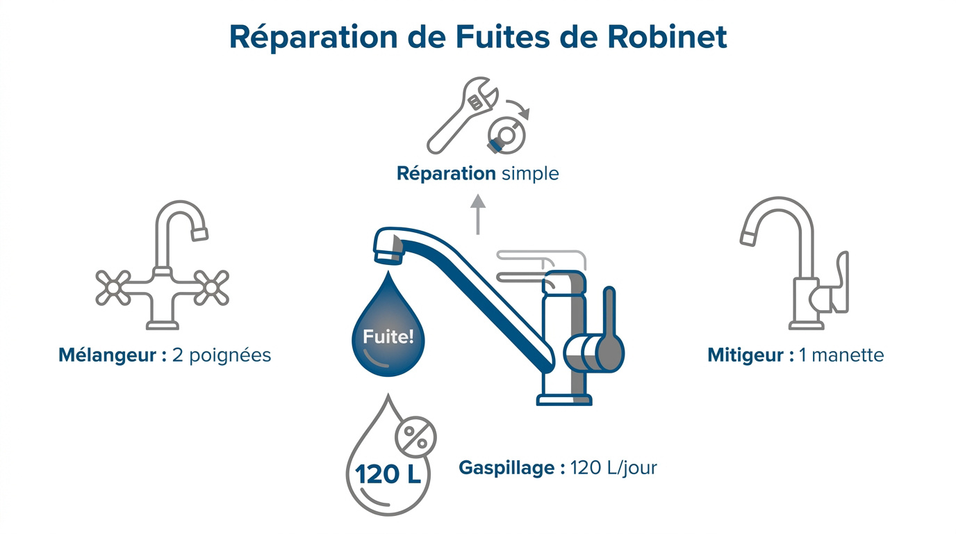 Réparation d'un robinet qui fuit pour stopper le gaspillage d'eau