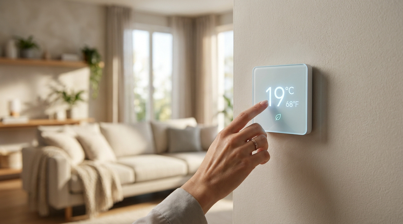 Une main règle un thermostat intelligent affichant 19°C dans un salon moderne et lumineux.