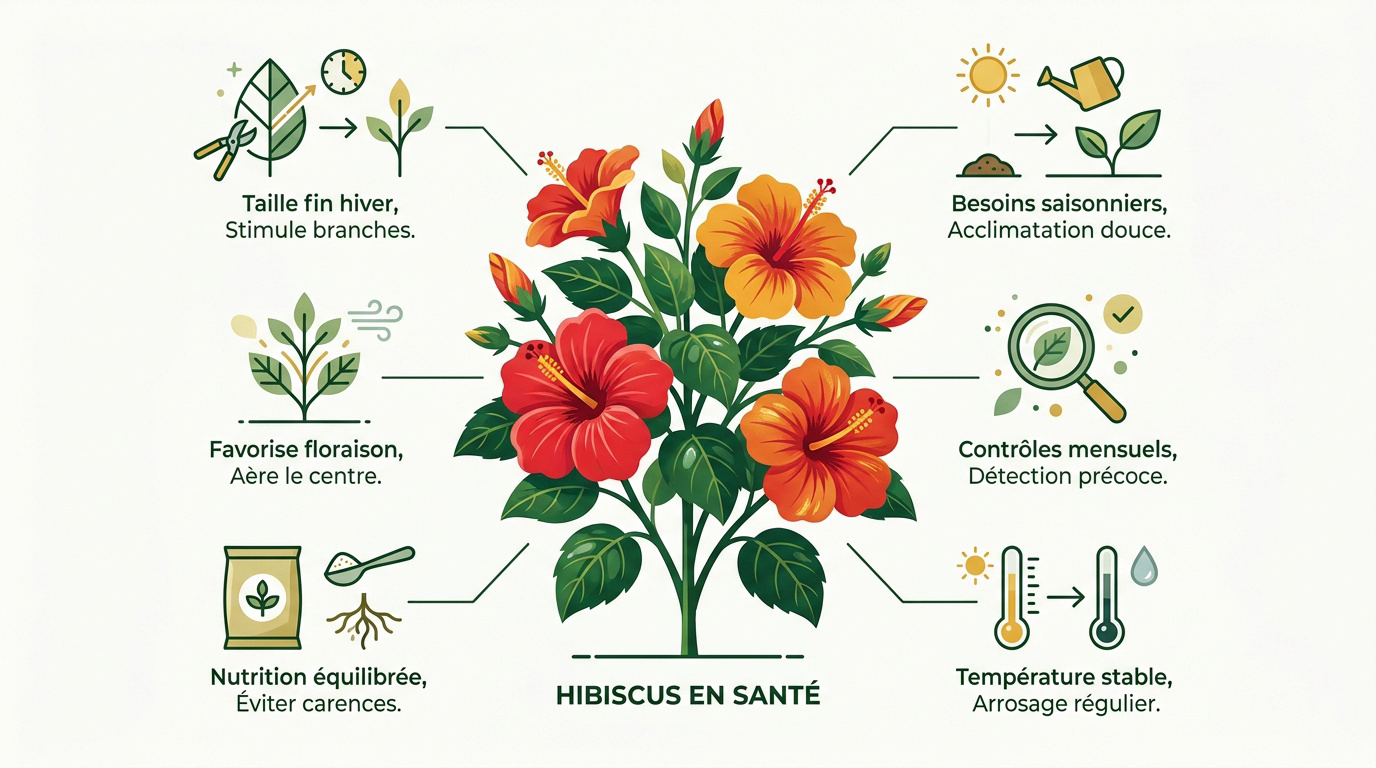 Hibiscus en pleine santé avec des feuilles vertes et des fleurs éclatantes dans un pot bien drainé