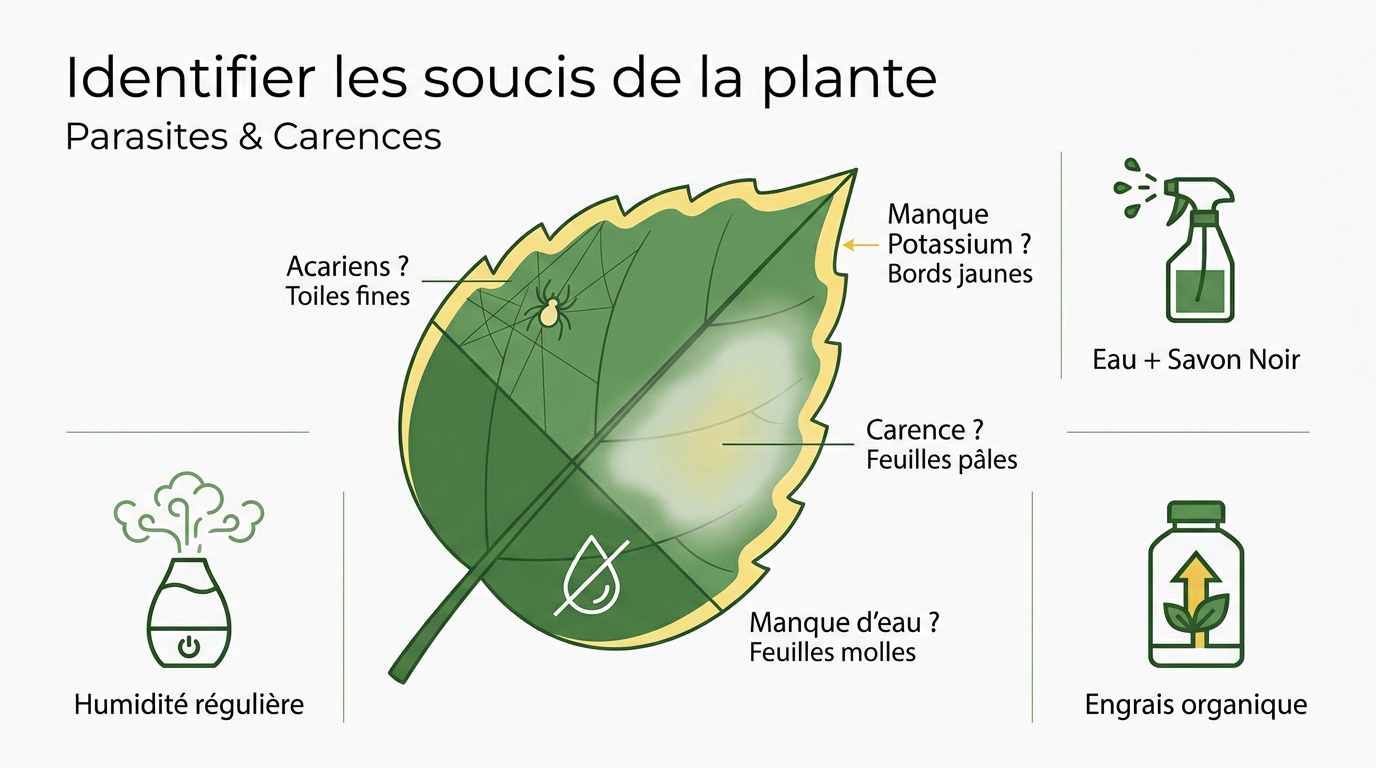 Hibiscus présentant des feuilles jaunes attaquées par des parasites et des carences nutritionnelles